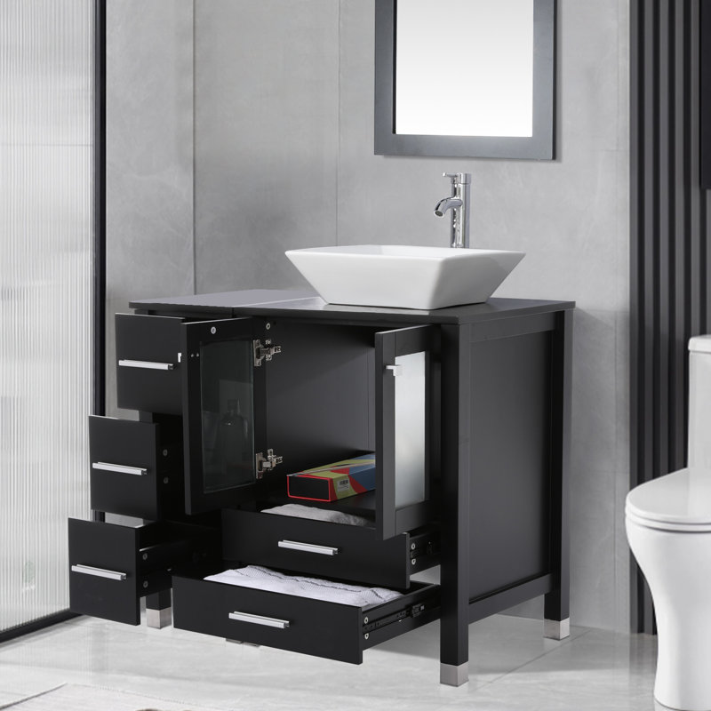 36 meubles-lavabos simples avec plateau en bois, lavabo vasque, robinet en alliage de zinc, pieds en bois massif, Noir