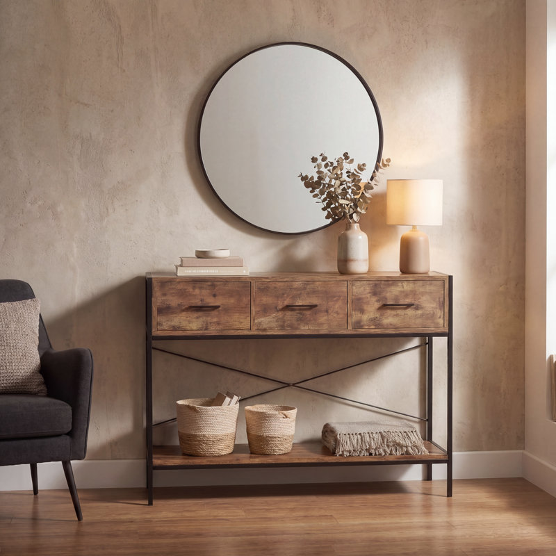 Sylvie 3 Drawer Console Table for Hallway, Industrial Style Living Room Furniture With Metal Legs, Dark Wood, Dark Wood/Black