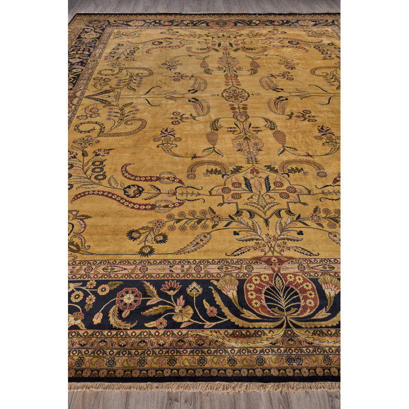 Antique Black and Beige Floral Wool Area Rug 14' x 18'1"