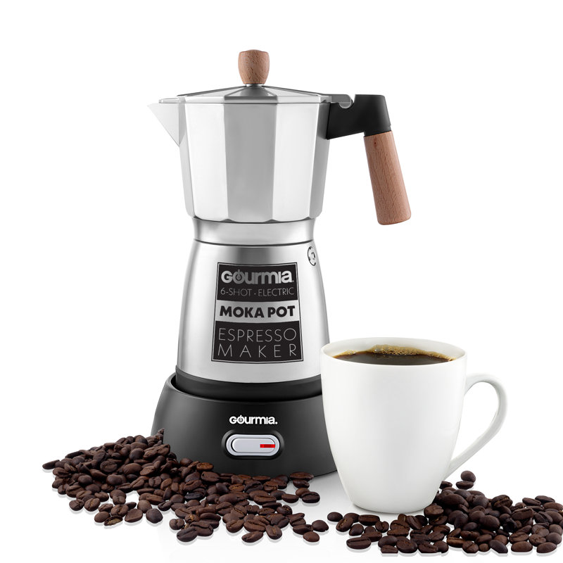 Cafetière électrique Gourmia avec poignée en hêtre, 3 à 6 tasses, argent Gourmia