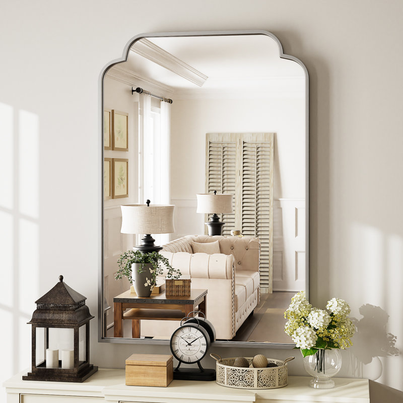 Symmetrical Aluminum Alloy Frame Wall Mirror For Bathroom And Home Decor, Silver, 36" x 24"