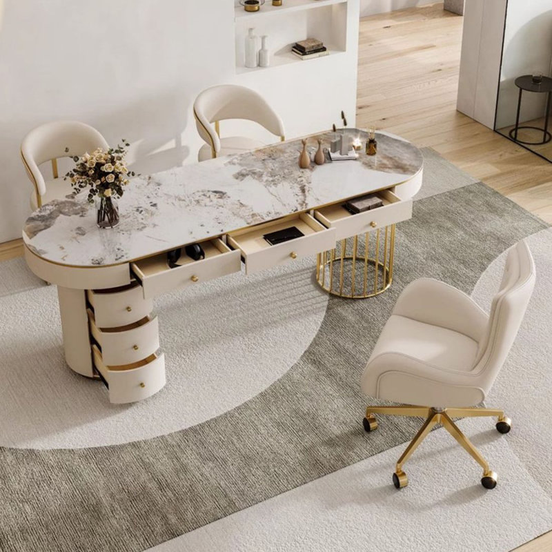 Bureau de direction avec tiroirs White Oval Sintered Stone, H 29,53 po x l 62,99 po x P 23,62 po, Retour à gauche
