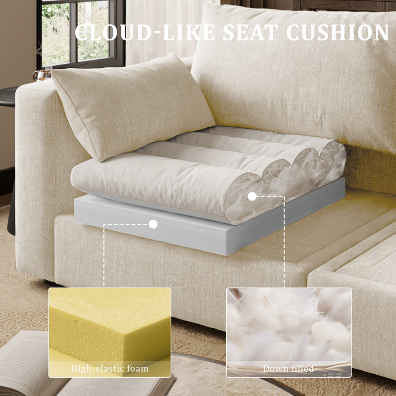 128" Sectional Modular Sofa With Storage, Beige Chenille, 39" H x 128" W x 64" D 