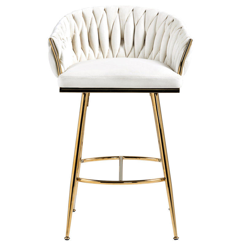 Tabouret de bar îlot de cuisine en velours beige de 26 po, dossier ondulé à la main, base dorée, coussin à rebond élevé, processus de tricotage, pieds réglables, convient aux tabourets de bureau et de salon