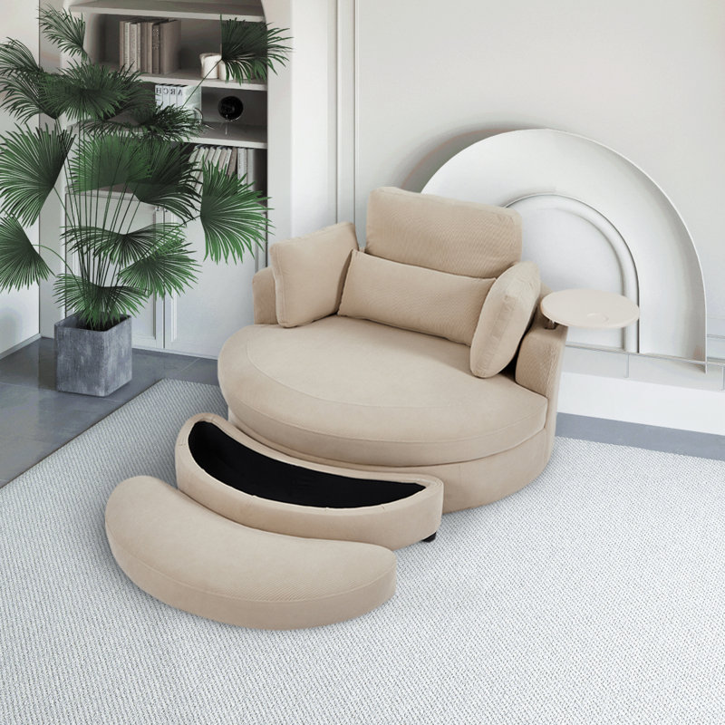 Lasean Upholstered Swivel Barrel Chair with Ottoman, Beige Corduroy