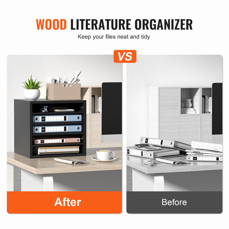 Black Wood 5-Compartment Adjustable Literature Organizer