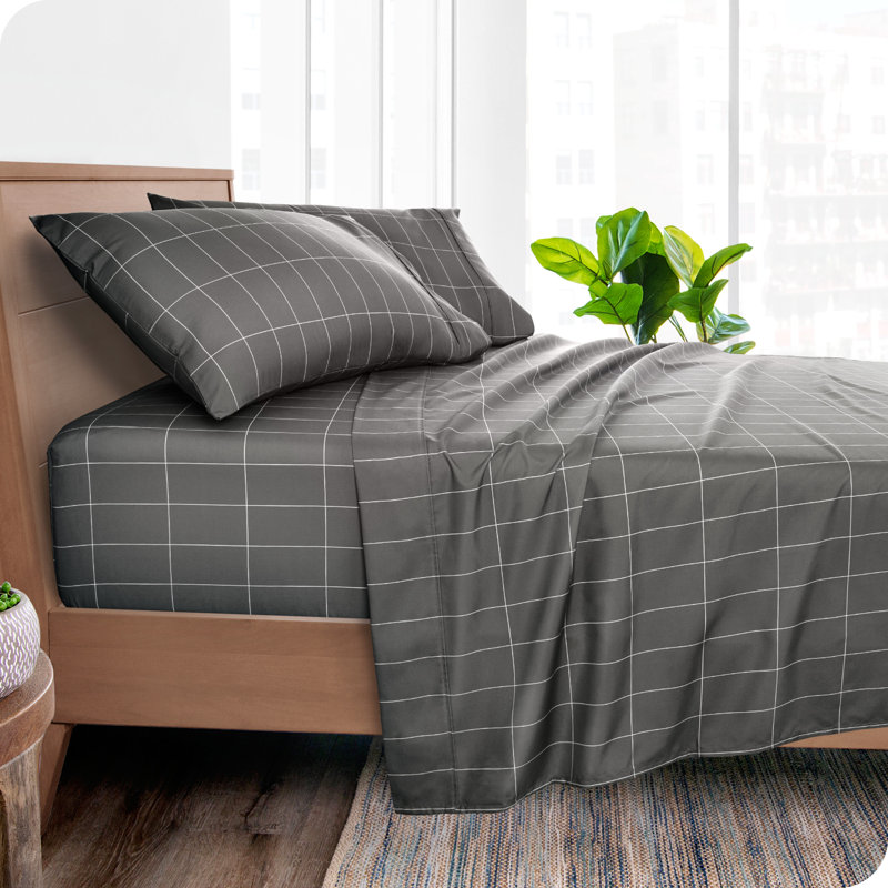 Sheet Set - Ultra-Soft Microfiber Bed Sheets - Double Brushed - Deep Pockets - Easy Fit, Grid - Grey/White