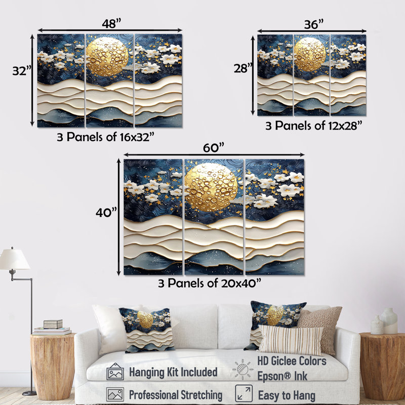 Ensemble de salon Blue Waves Heights Golden Coastal IV - Coastal Wall Art, Toile tendue, H 40 po x l 60 po x P 1 po