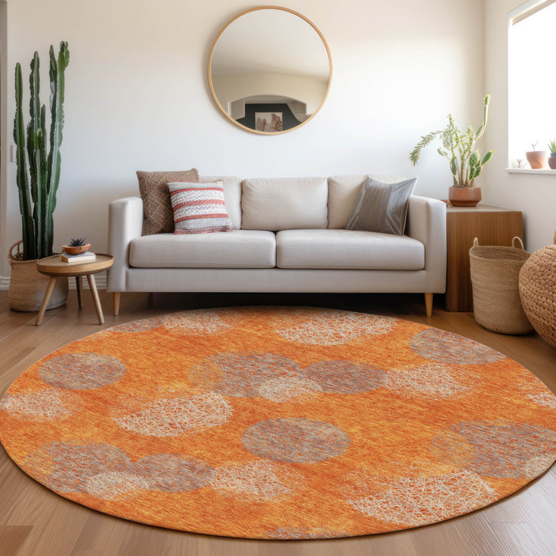 Premium Machine Washable Prisco Orange Rug, Round 8'