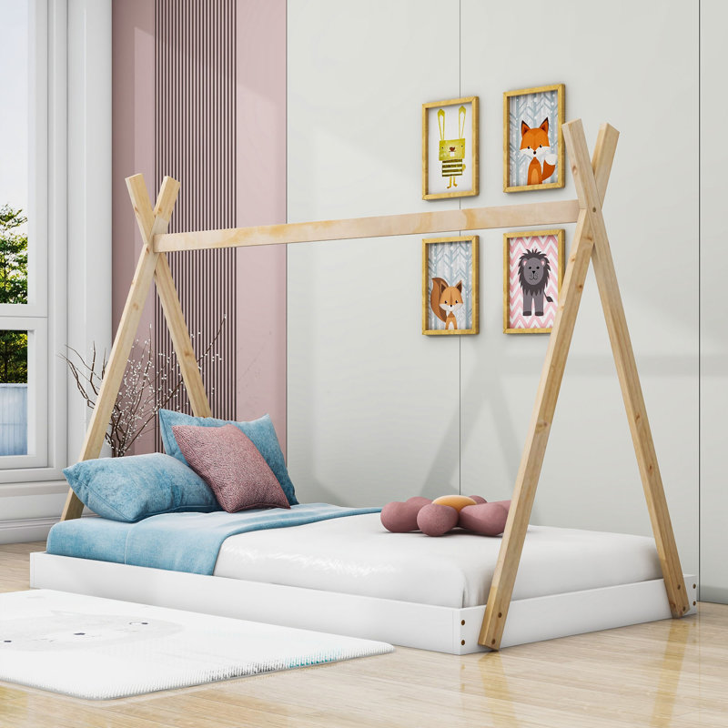 Estefania Twin Size Wood Bed with Triangle Structure, White/Natural