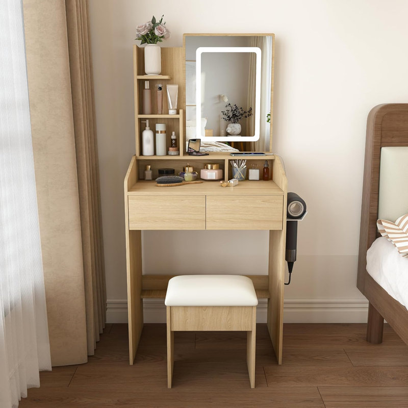 Jaxenor Small Dressing Table with LED Lights & Storage Rack, Compact Makeup Vanity Desk with Power Socket, Hair Dryer Stand, Padded Stool and Adjustable Lighting for Bedroom, Wood