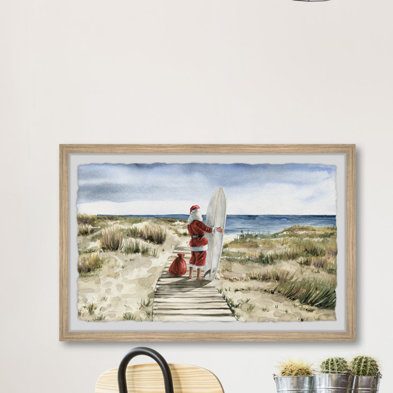 Real Surfing Santa - Single Picture Frame Painting, 20cm H x 30cm W x 3.81cm D