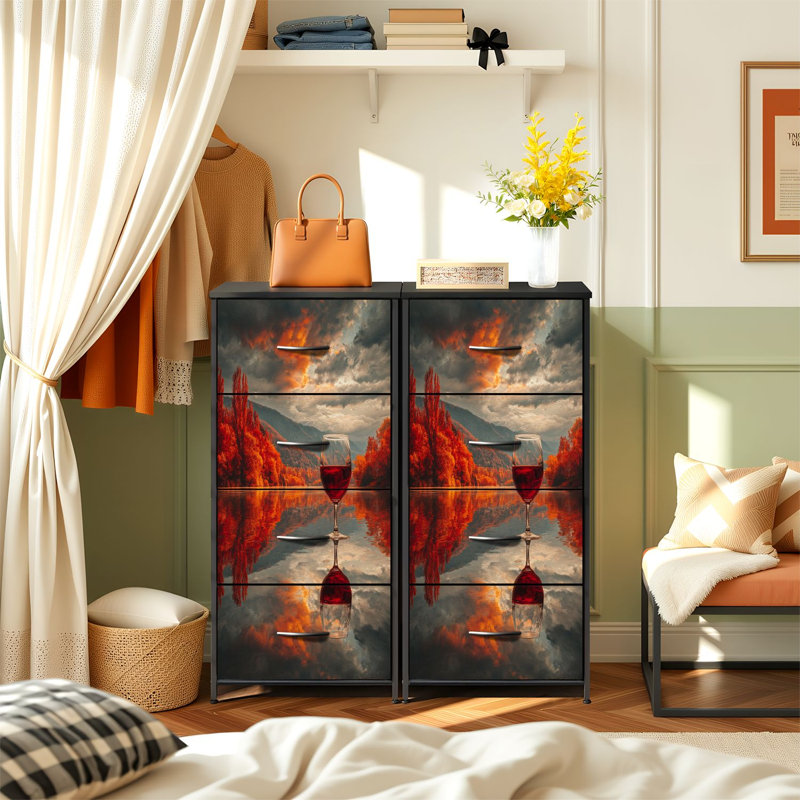 Commode pour chambre de rêve avec 4 tiroirs de rangement Ethereal Autumn Scène Floating Fiery Foliage Reflections Commode