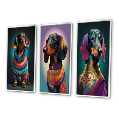 Cool teckel dans un arc-en-ciel designer chandail III - animaux chien teckel ensemble d'art de 3 pièces