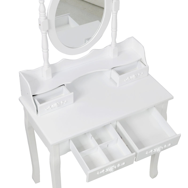 Bureau de coiffeuse blanc avec miroir pivotant à 360 °, rangement à 4 tiroirs, tabouret confortable, assemblage facile pour la chambre à coucher, table de maquillage en bois rotative, structure spacieuse rembourrée