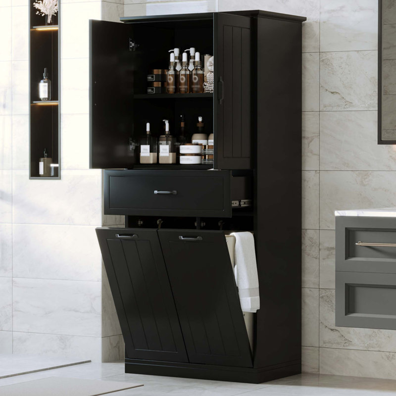 Armoire de rangement pour salle de bain avec deux paniers à linge, armoire de rangement avec portes et tiroir pour la maison