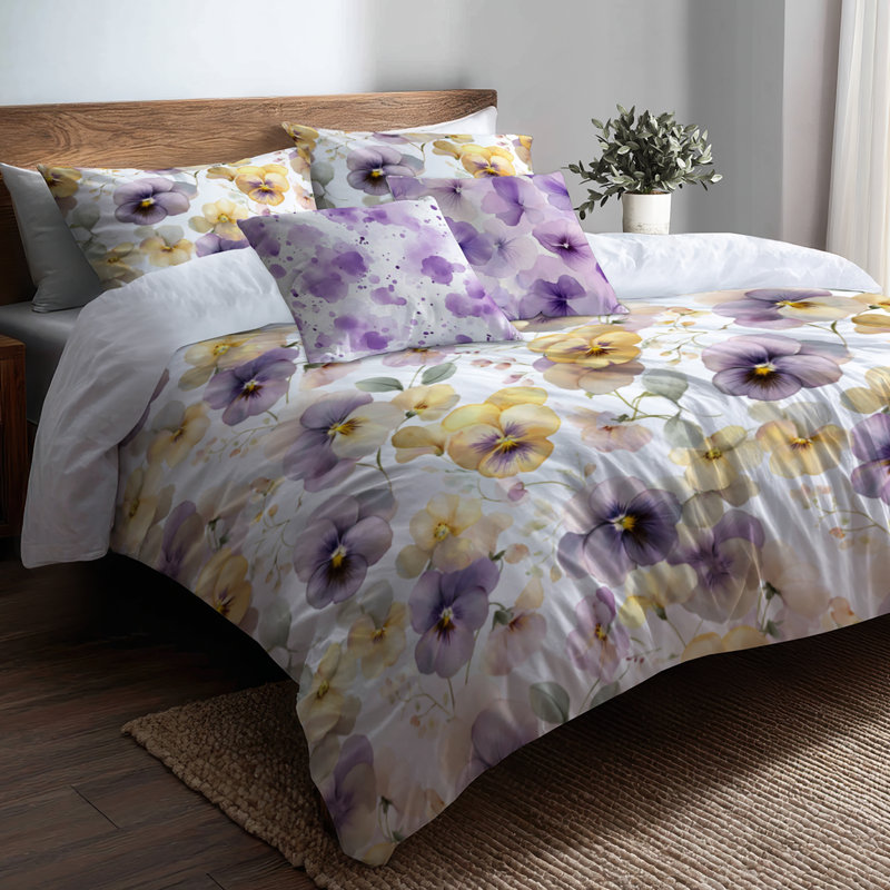 Ensemble de housse de couette Floral de 5 - Ensemble de literie et de coussins French Country Pastel Pansy Harmony