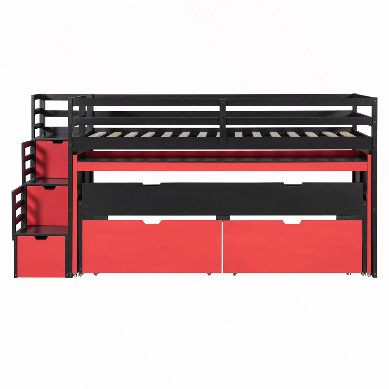 Lit mezzanine avec bureau coulissant, lit gigogne et marches de rangement, Extra-long Twin, Black+Red