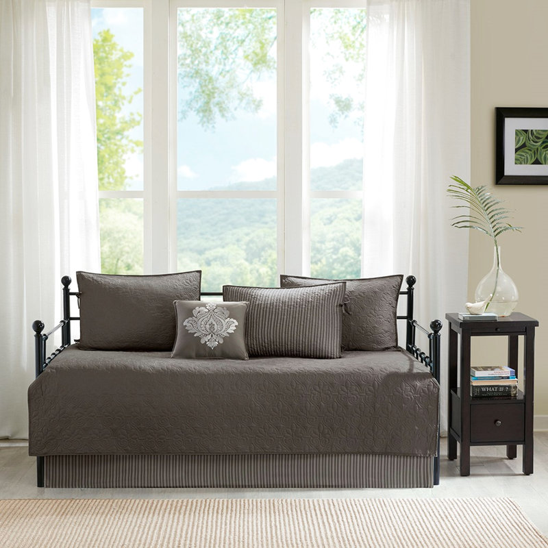 Housse de lit de jour réversible - gris foncé, 6 pièces, rembourrage en coton, pour matelas simple, livrée avec housse, taies décoratives, coussin décoratif 6 rembourrés, lit de taille, inclus