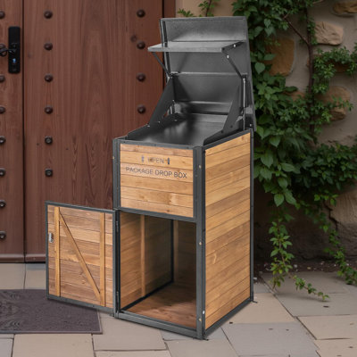 Package Delivery Box with Anti-Theft Lock & Weatherproof Design - 40+ Gallon Large Outdoor Parcel Drop Box for Porch, Metal/Wood Frame