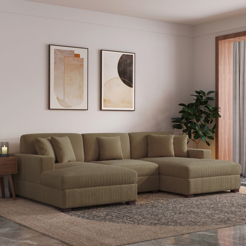 Milbrey 3 - Piece Upholstered Camel Corduroy Modular Sectional Sofa with Pillow Back and Solid Wood Legs, Camel Corduroy 