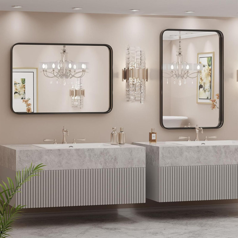 Miroir de salle de bain pour salle de bain Miroir mural encadré en métal Farmhouse Rectangle, antirouille, verre trempé, Noir