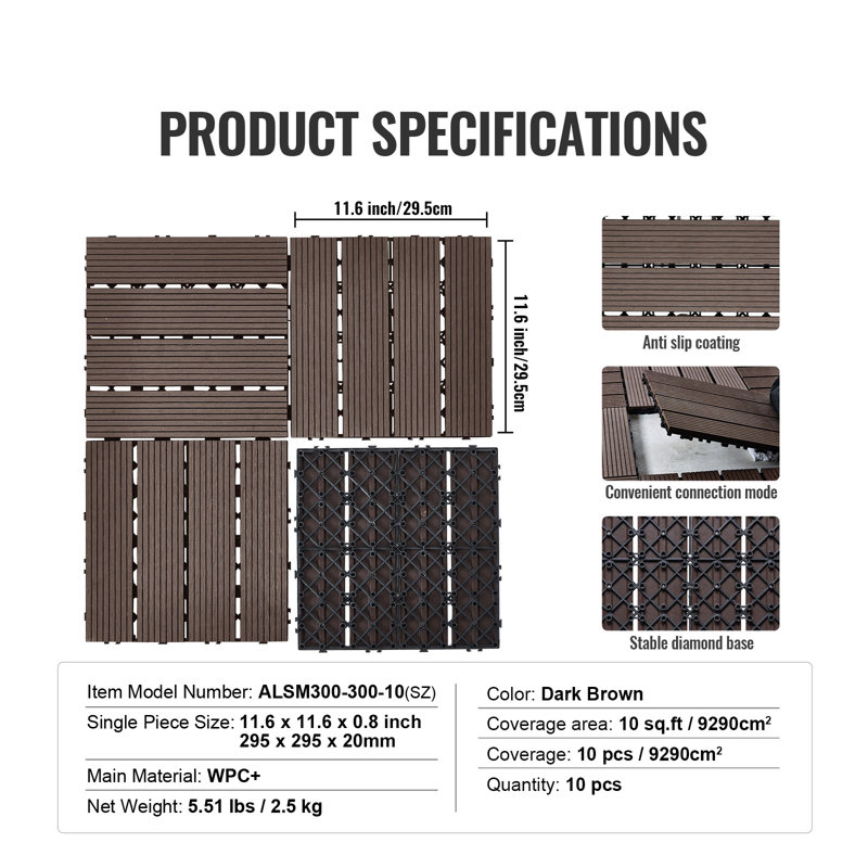 Dalles de terrasse emboîtables en plastique imitation bois, paquet de 10, 30 x 30 cm (12 x 12 po), 0,93 m² (10 pi²), imperméables et résistantes aux intempéries, idéales pour terrasse, porche, balcon, jardin ou terrasse en bois, brun foncé.
