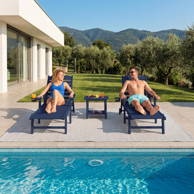 3-piece Hdpe Outdoor Chaise Lounge Set With 2 Reclining Chairs & 2-tier Side Table, All-weather Poolside & Patio Loungers
