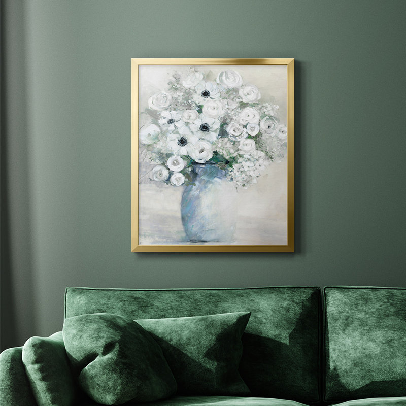 Toile encadrée blanche de qualité supérieure avec bouquet d'anémones blanches - prête à être accrochée, H 24 po x l 20 po, Or