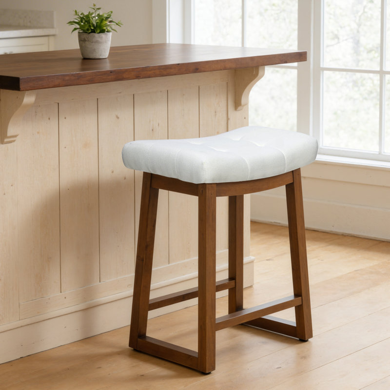24" Upholstered Saddle Counter Height Bar Stool with Wood Frame for Kitchen Island, White Linen/Wood