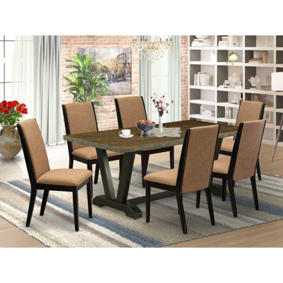 7-Pc Set Includes a Distressed Jacobean Dinner Table and 6 Light Sable Linen Fabric Padded Chairs - Wire Brushed Black Finish