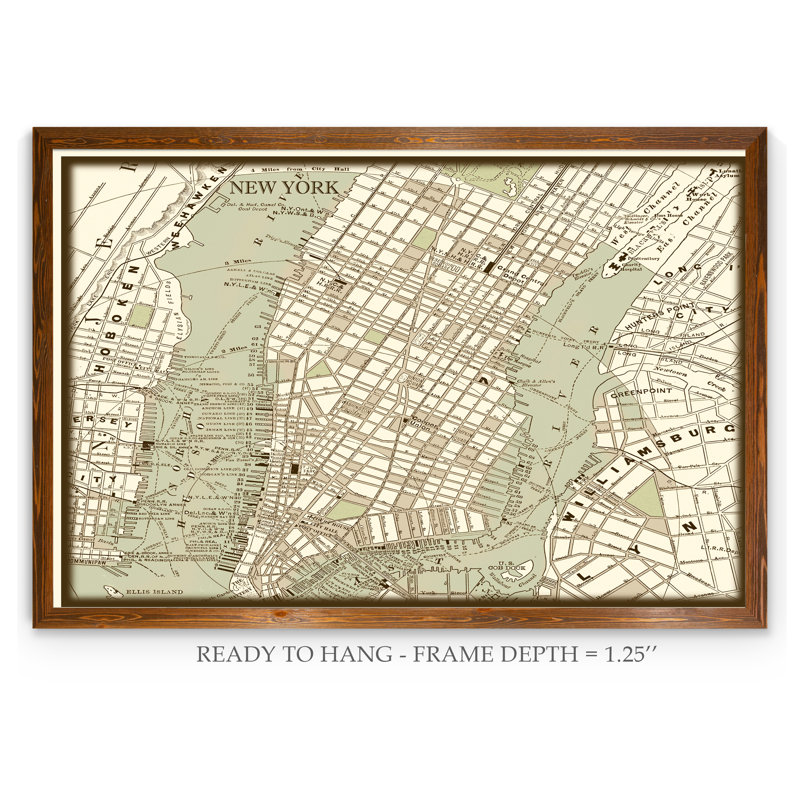 «Custom Sepia Map of New York City» par Paul Cezanne - impression encadrée, Toile avec cadre, Érable foncé