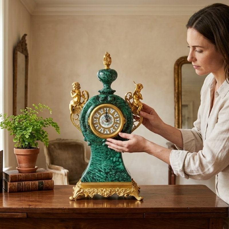 Emerald Green & Bronze Porcelain Mantel Clock, 17 Inch Vintage-Style Cherub Clock with Floral Motif — Tabletop Accent for Mantel, Shelf, Console & Entryway