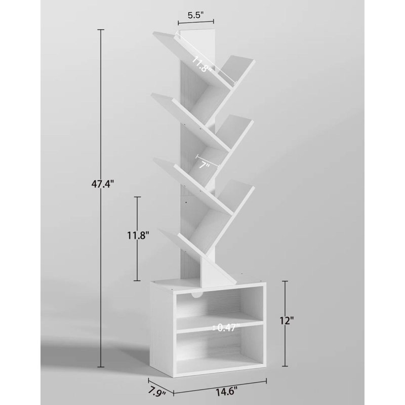 6 Tier Tree Storage Bookcase with Shelves, White