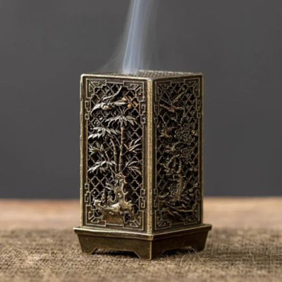 Incense Burner - Square Xiangyun Alloy with Plum Design for Home Aromatherapy Decor