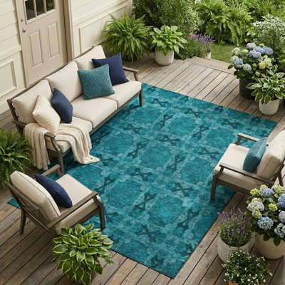 10' X 14' Teal Floral Medallion Washable Non Skid Indoor Outdoor Area Rug