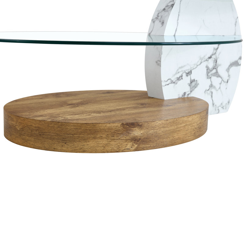 Artistic Coffee Table With White Marble And Wood Grain Collision, Smooth Tempered Glass, Support, Multiple Color Selections Contemporary Double Layer Dual Base Pattern, Oval - Scratch, Easy To