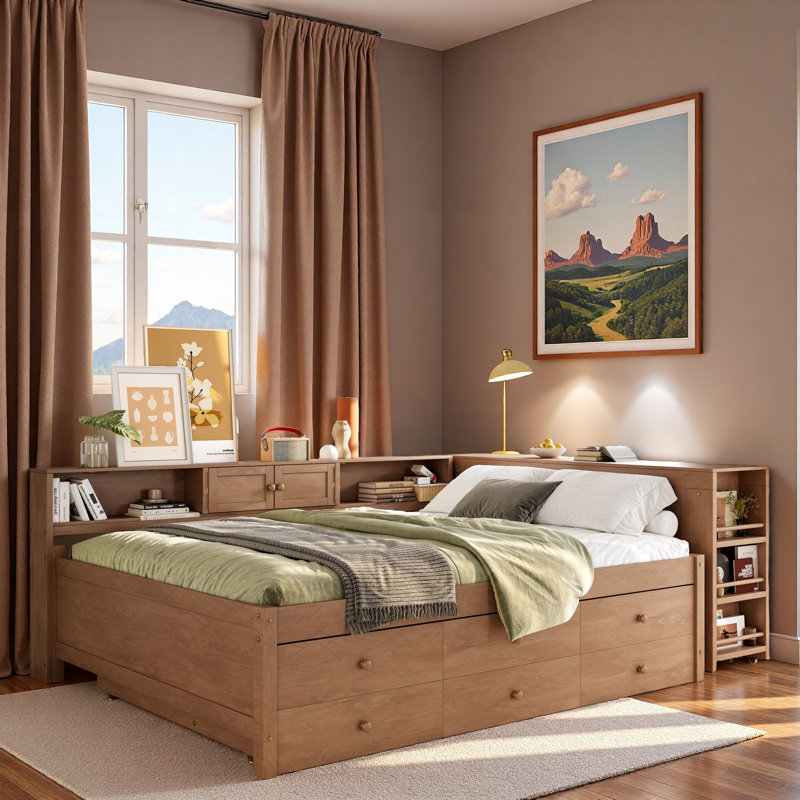 Lit de jour en bois avec tiroirs de rangement, tablettes latérales, bureau et lit gigogne, Lit double, Brun rétro