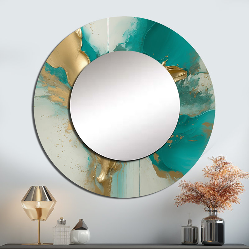 Simpert or et marbre turquoise Fuild Ink II - grand miroir en marbre, décor de miroir mural rond doré unique, art imprimé en métal