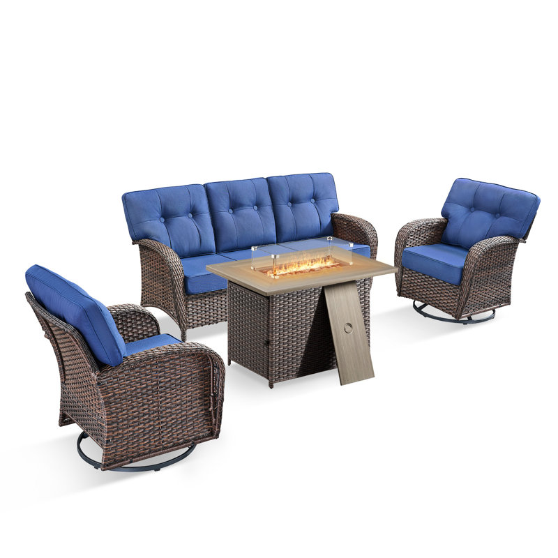 Teebeck 4-Piece Wicker Rattan Patio Conversation Set With Rectangle Fire Pit Table And Swivel Chairs, Blue