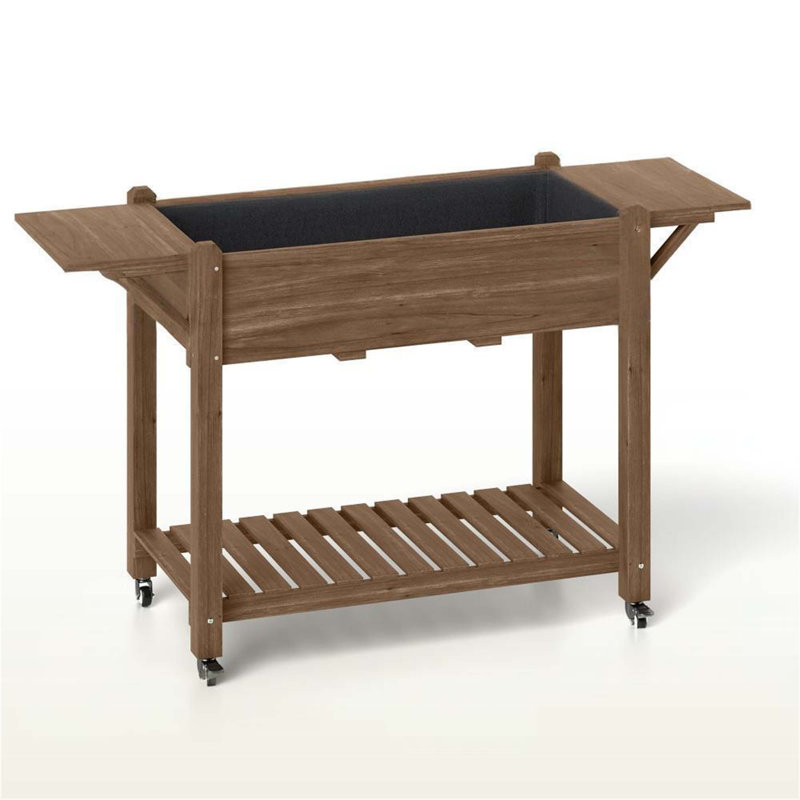 Convenient Elevated Garden Bed,Wood Raised Planter Box,With Lockable Wheels,Side Tables,Bottom Shelf,Drain Holes, Black/Brown