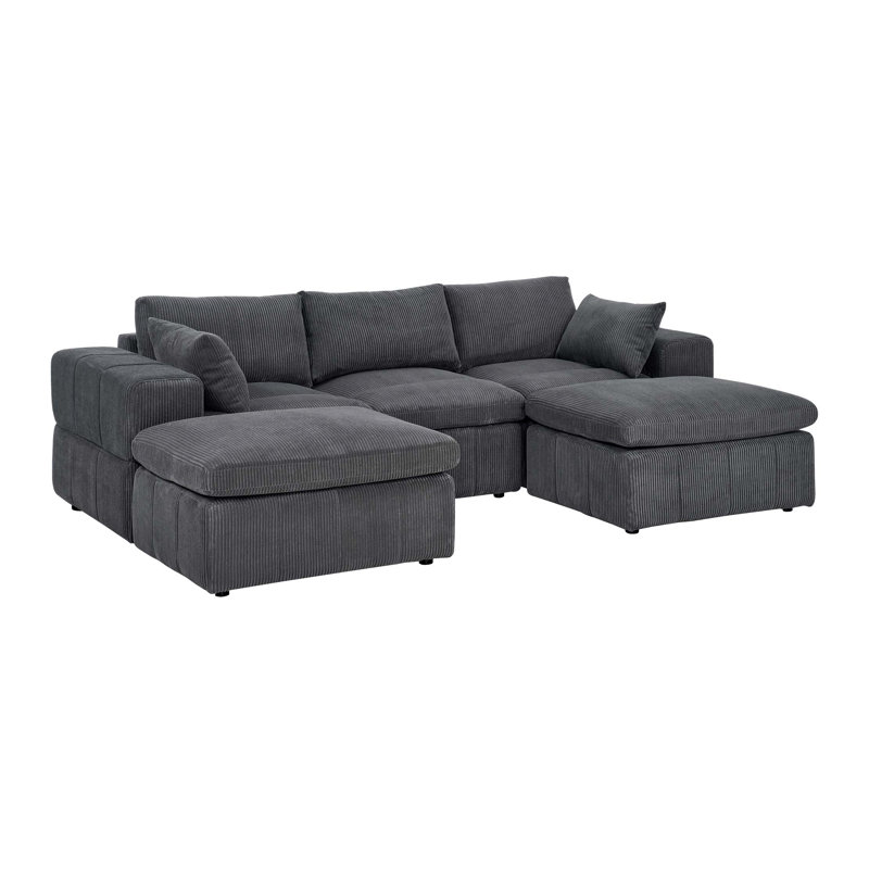 Large Arms Cordory Upholstered Modular Sectional with 2 Ottomans, Dark Gray