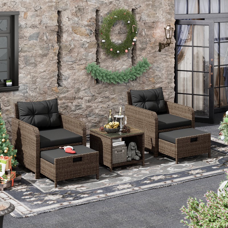 Radostin 5- Piece Rattan Patio Seating Group with Ottomans, Black/Yellow