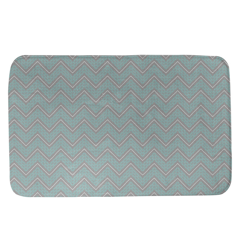 Tapis pour salle de bain à motif à chevrons à la main Stephenie, l 17 po x L 24 po, Bleu sarcelle/Gris