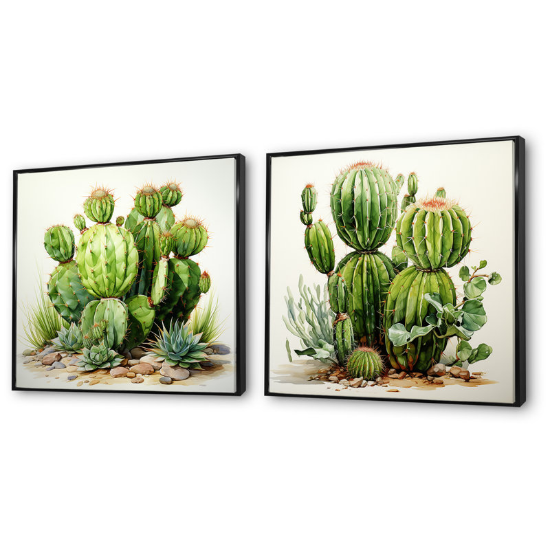 Désert vert Cactus Impression I - ensemble de 2 décorations murales florales, Cadre flottant noir, H 30 po x l 61 po x P 1 po
