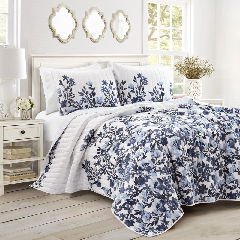 Microfiber Reversible 3 Piece Quilt Set, Navy, King Quilt + 2 Shams