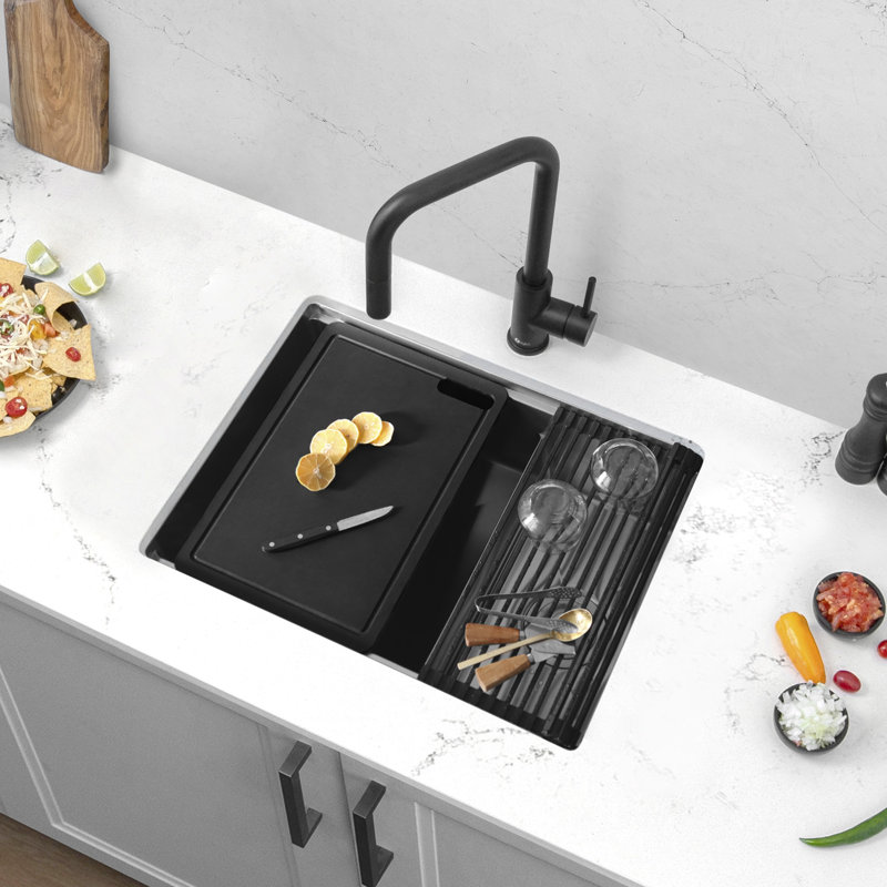Évier de cuisine encastrable en acier inoxydable à deux cuves avec accessoires noirs