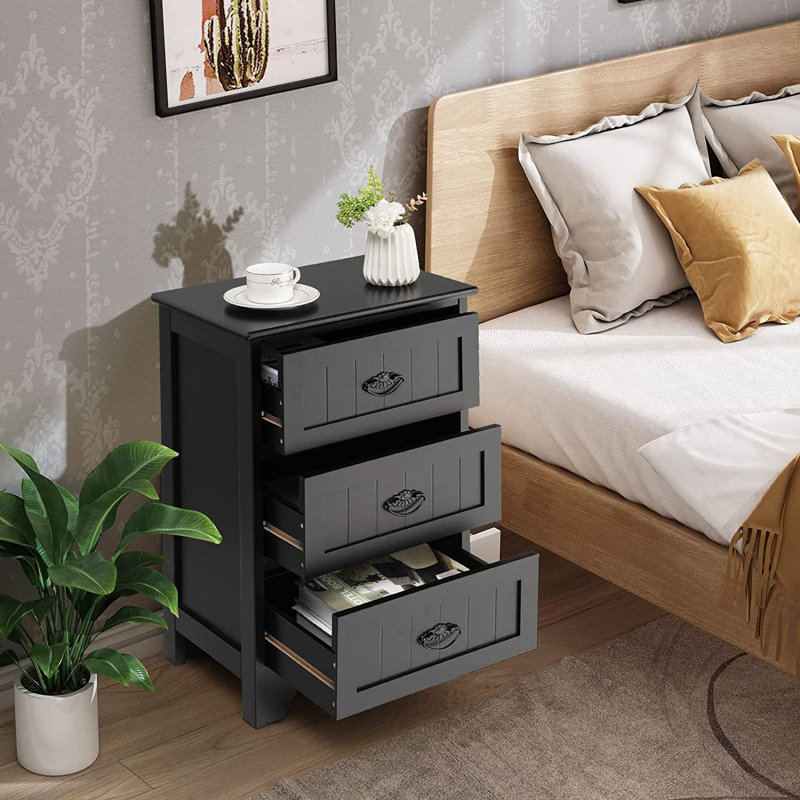 Rockett 3 Modern 3-Drawer Wood Nightstand With Vintage Metal Handles, Black