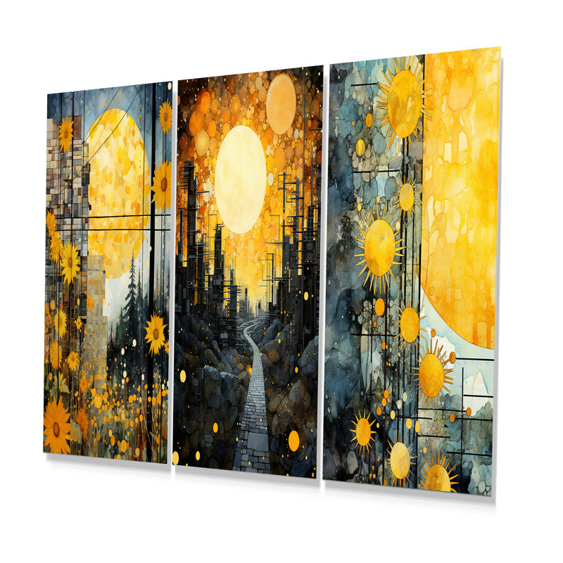 Panneaux solaires abstraits, collage de lumière du soleil I - ensemble de 3 impressions murales abstraites en métal