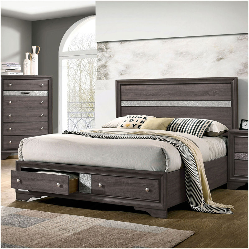Meuble de chambre à coucher contemporain très grand avec tête de lit à panneau gris et 1 tiroir, King